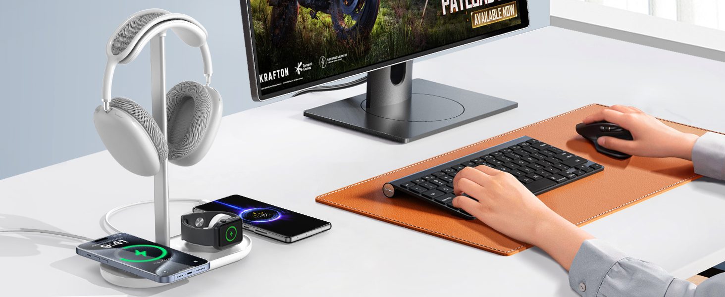 TopMade charging desk setup with headphone stand and desk mat